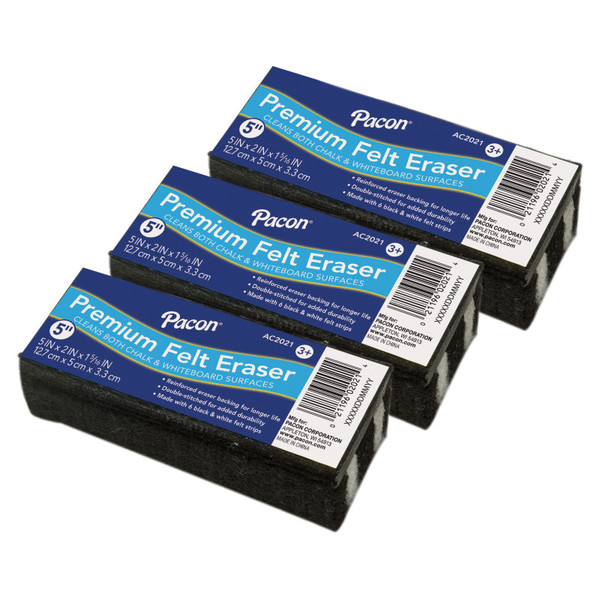 Pacon Premium Chalk & Whiteboard Eraser, 6 Black & White Felt Strips, Double-Stitched, Reinforced Backing, 5", Pack Of 3 CK-2021-3