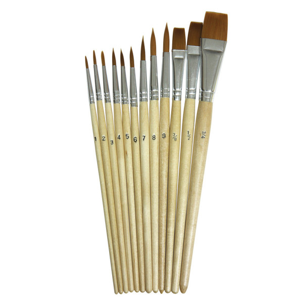 Creativity Watercolor Brush Assortment, Natural Wood, Assorted Sizes, 12 Brushes CK-5136