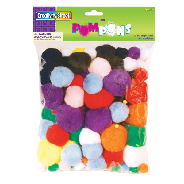 Creativity Pom Pons, Bright Hues, Assorted Sizes, 100 Pieces CK-811201