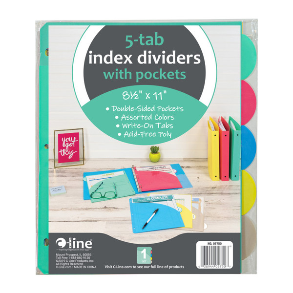 C-Line 5-Tab Poly Index Dividers W/Slant Pocket, Asstd Colors CLI05750