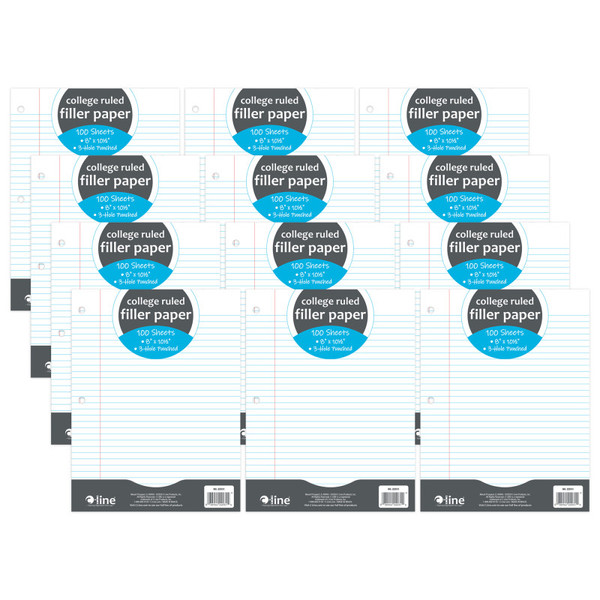C-Line Filler Paper, College Ruled, 8" X 10-1/2", White, 100 Sheets Per Pack, 12 Packs CLI22031-12