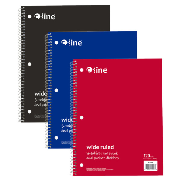 C-Line 3-Subject Notebook, Wide Ruled, 120 Sheets, Assorted Colors, Pack Of 3 CLI22046-3