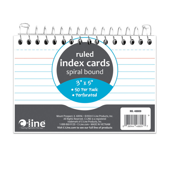 C-Line Spiral Bound Index Card Notebook, 3" X 5", 50 Cards, Ruled CLI48809