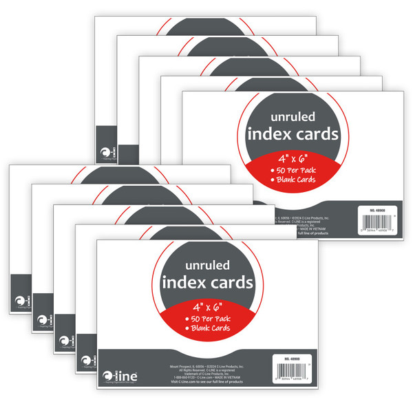 C-Line Index Cards, 4" X 6", White, Unruled, 50 Per Pack, 10 Packs CLI48908-10