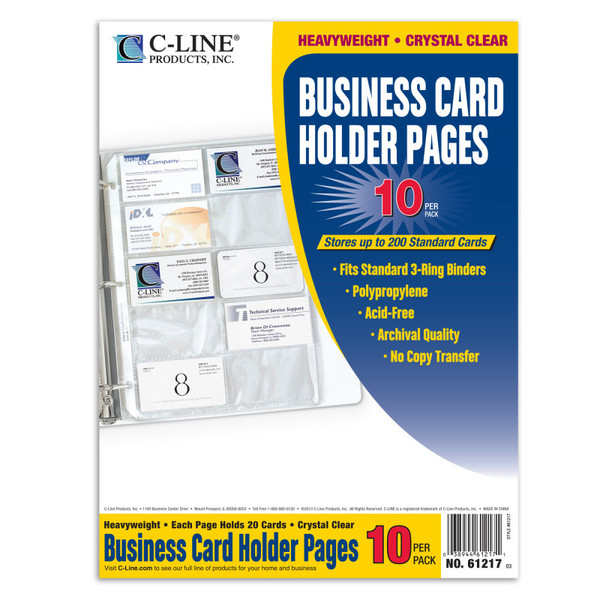 C-Line Business Card Holder, Poly Without Tabs, Holds 20 Cards/Page, 11-1/4 X 8-1/8, Pack Of 10 CLI61217