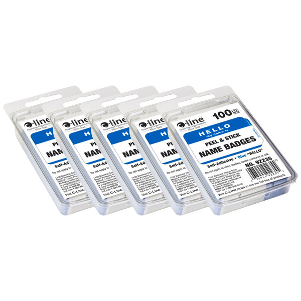 C-Line Pressure Sensitive Badges, Hello My Name Is, Blue, 3-1/2" X 2-1/4", 100 Per Pack, 5 Packs CLI92235-5
