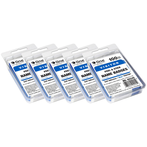 C-Line Pressure Sensitive Badges, Visitor, Blue, 3-1/2" X 2-1/4", 100 Per Pack, 5 Packs CLI92245-5