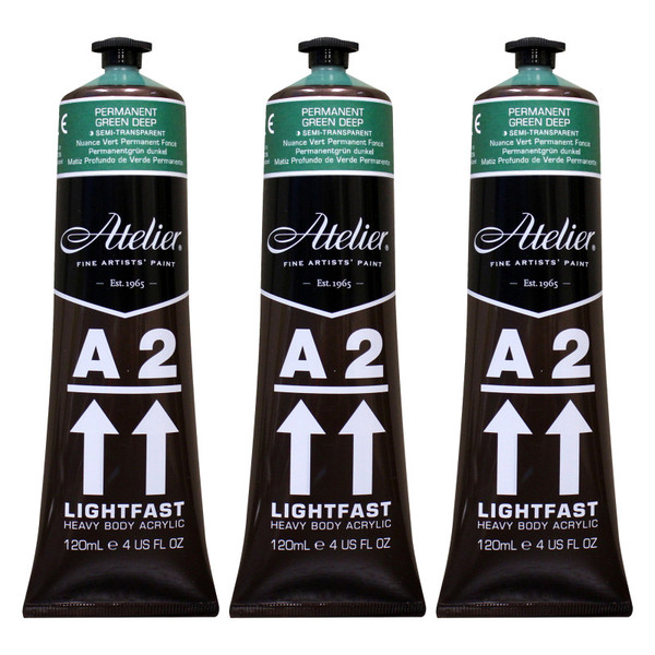 Atelier A2 Heavy Body Lightfast Artist Acrylic, 4 Oz., Permanent Green Deep Hue, Pack Of 3 CRM771-3