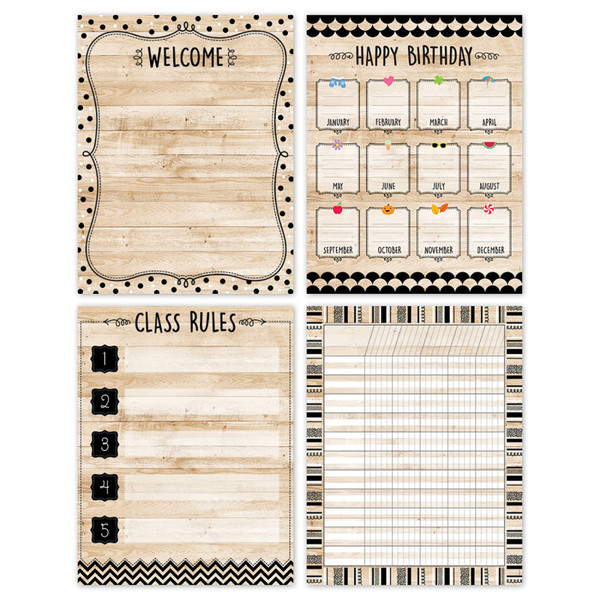 Creative Core Decor Black, White, And Wood Classroom Essentials 4-Chart Pack CTP10990