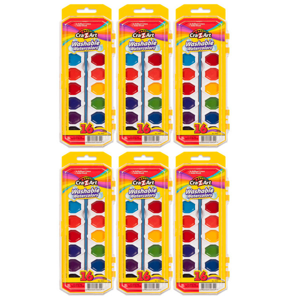 Cra-Z-Art Washable Watercolors With Brush, Peggable Tray, 16 Colors Per Set, 6 Sets CZA10652WM36-6