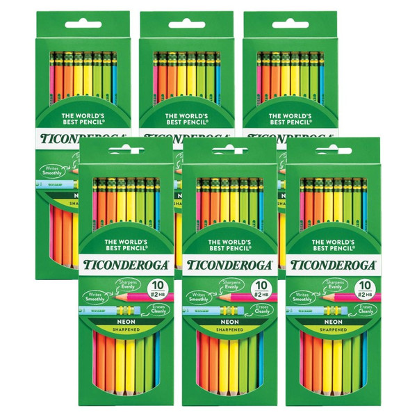 Ticonderoga Premium Neon Wood No. 2 Pencils With Eraser, 10 Per Pack, 6 Packs DIX13810-6