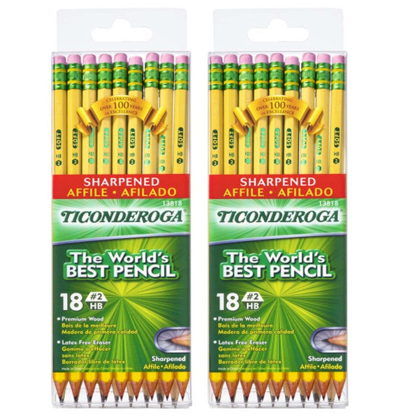 Ticonderoga Pencils, #2 Soft, Yellow, Presharpened, 18 Per Pack, 2 Packs DIX13818-2