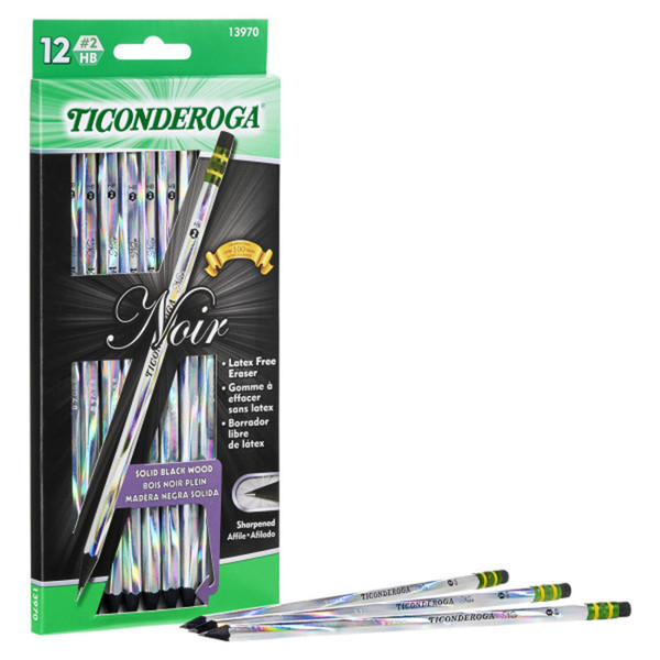 Ticonderoga Noir Pencils, Holographic Foil On Black Wood, #2 Soft, Presharpened, Pack Of 12 DIX13970