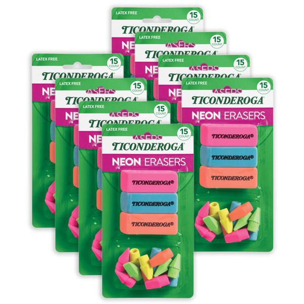 Dixon Eraser Combo Set, Neon, Beveled & Wedge Caps, 8 Sets DIX38931-8