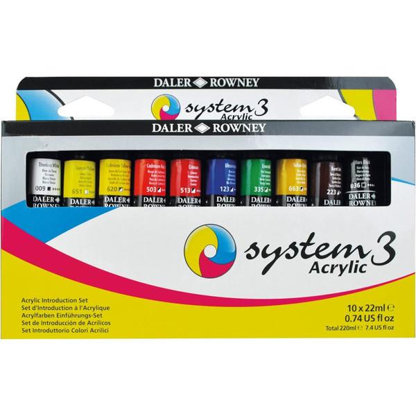 Daler-Rowney System3 Acrylic Paint Set, Assorted Colors, 22Ml, 10 Pieces DRW129100015