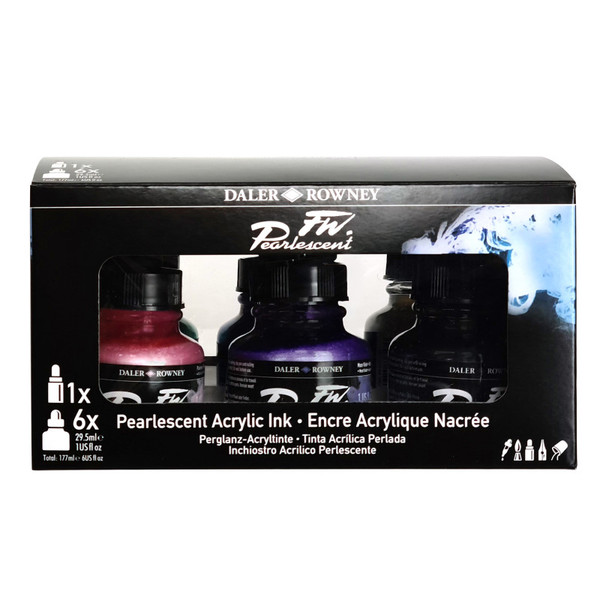 Daler-Rowney Fw Acrylic Ink Pearlescent Set With Empty Marker, Assorted Colors, 29.5Ml, 6 Pieces DRW603200007