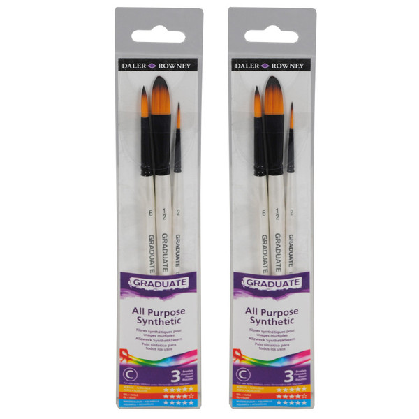 Daler-Rowney Graduate Watercolor Brush Set, Synthetic, 3 Pieces Per Set, 2 Sets DRWD212530009-2