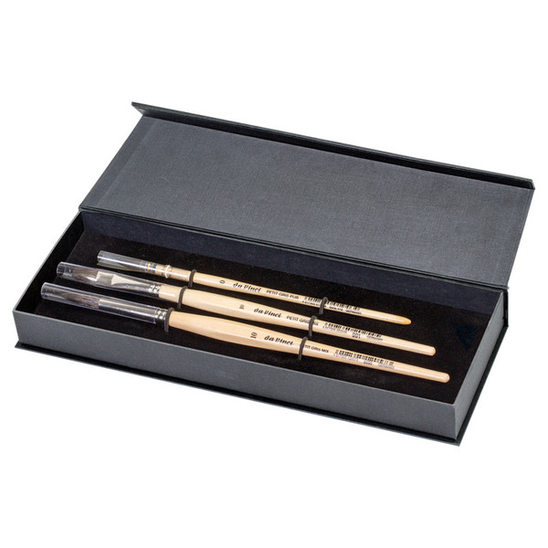 Da Petit Gris Pur & Mix Wash Brushes, Natural Blue Squirrel, Watercolor, Assorted, 3 Brush Set In Gift Box With Magnetic Close DVXVA42510