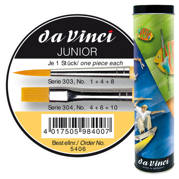 Da Junior Synthetics Student Brushes, Synthetic, Acrylic & Tempera, Assorted, 6 Brush Set In Tin DVXVA54060