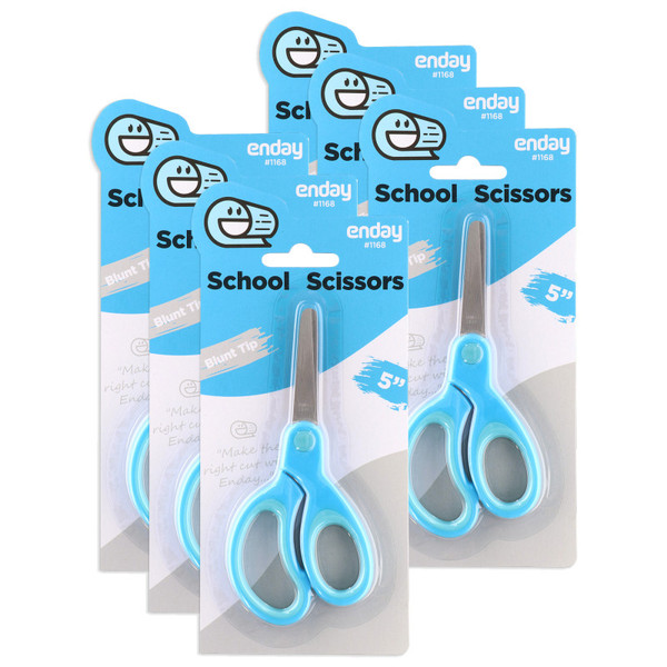 Enday Soft Grip School Scissors, 5", Round Tip, Blue, Pack Of 6 EDY11686