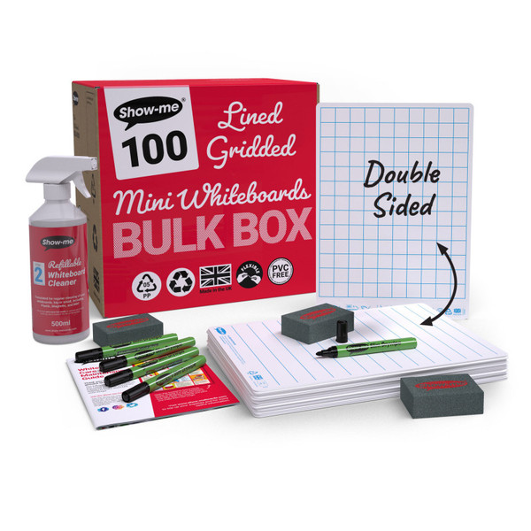 Show-Me Bulk Box Of 100 X Lined/Gridded Double Sided 8" X 12" Lapboards, With Pens, Erasers, Cleaner EPTBGLBX