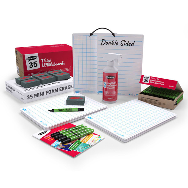 Show-Me Classpack Of 35 X Lined/Gridded Double Sided 8" X 12" Lapboards, With Pens, Erasers, Cleaner EPTCGLBX