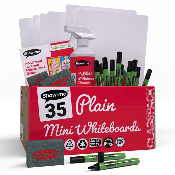 Show-Me Classpack Of 35 X Plain/Plain 8" X 12" Whiteboards, With Pens, Erasers, Cleaner EPTCSMBX