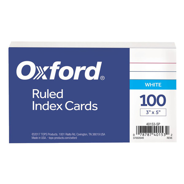 Oxford Index Cards, 3" X 5", Ruled, 100 Per Pack, 12 Packs ESS40153SP-12