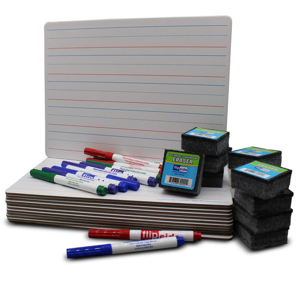 Flipside Magnetic Two-Sided Dry Erase Boards, Red & Blue Ruled/Plain, 9" X 12", With Erasers & Colored Pens, Class Pack Of 12 FLP19176