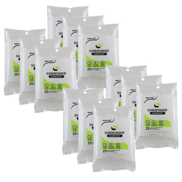 Surebonder Mini Clear 4" Hot Glue Sticks, Dual Temp, 25 Per Pack, 12 Packs FPRDT25-12