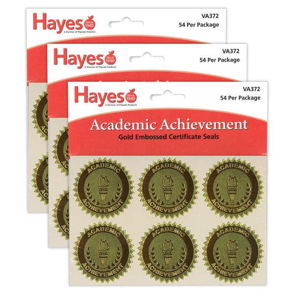 Hayes Gold Foil Embossed, Academic Achievement, Certificate Seals, 54 Per Pack, 3 Packs H-VA372-3