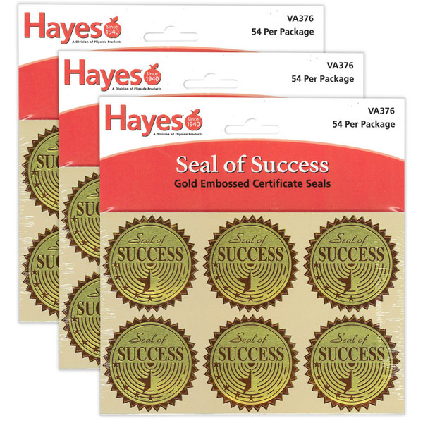 Hayes Gold Foil Embossed Seals, Seal Of Success, 54 Per Pack, 3 Packs H-VA376-3
