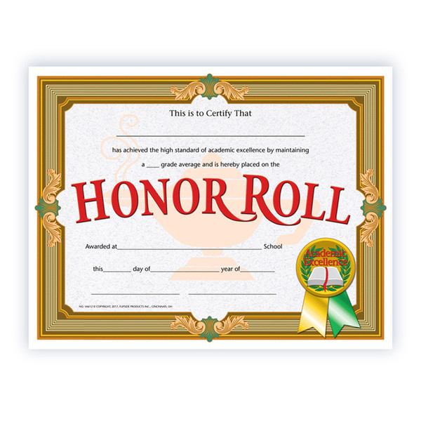 Hayes Honor Roll Certificate, 8.5" X 11", Pack Of 30 H-VA612