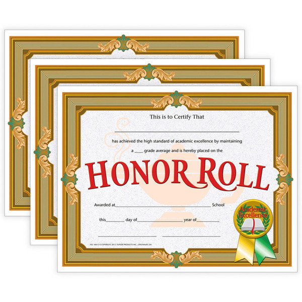 Hayes Honor Roll Certificate, 30 Per Pack, 3 Packs H-VA612-3