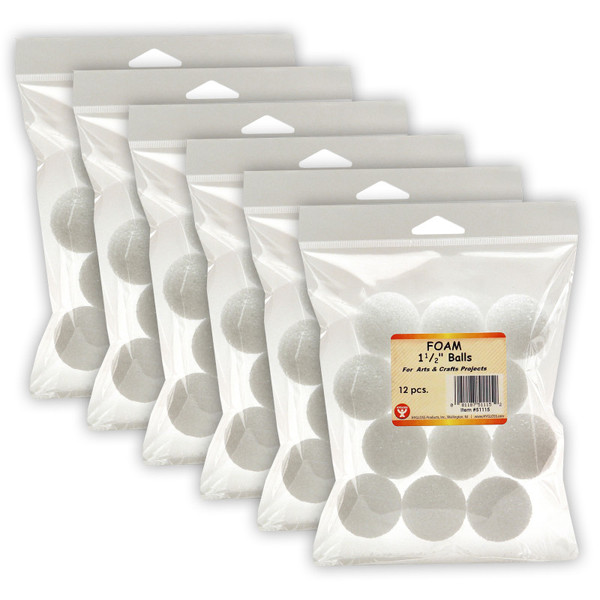 Hygloss Craft Foam Balls, 1-1/2 Inch, White, 12 Per Pack, 6 Packs HYG51115-6