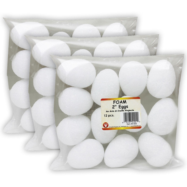 Hygloss Craft Foam Eggs, 2 Inch, White, 12 Per Pack, 3 Packs HYG51202-3