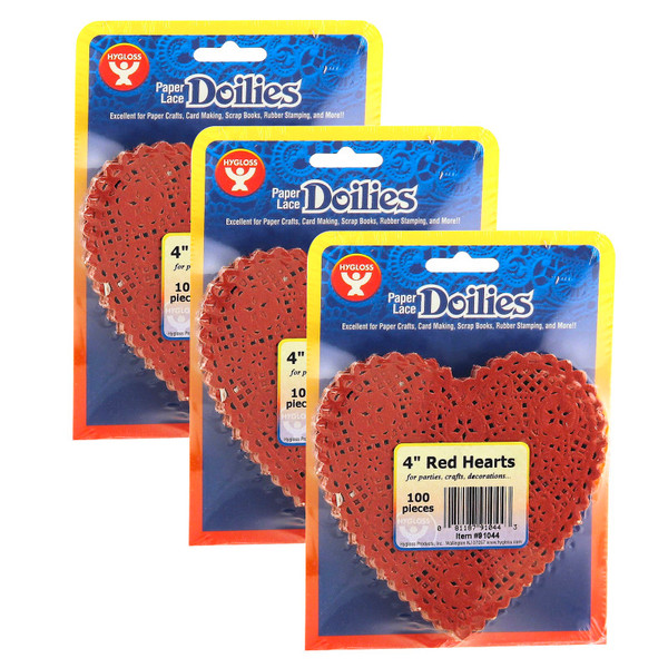 Hygloss Heart Doilies, Red, 4", 100 Per Pack, 3 Packs HYG91044-3