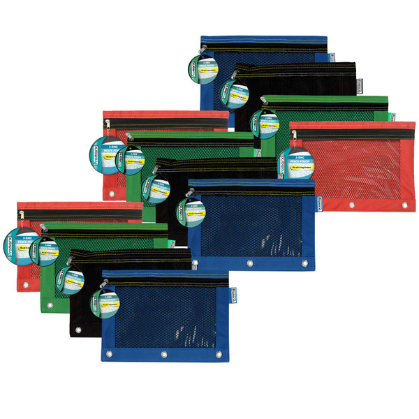 Promarx 3 Ring Pencil Pouch With Mesh Window, 10" X 7.5", Assorted Colors, Pack Of 12 KITPP20P4510224-12