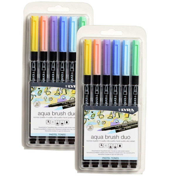 Lyra Aqua Brush Duo Dual Tip Marker Set, Pastel Assorted Colors, 6 Per Set, 2 Sets LYXL6521061-2