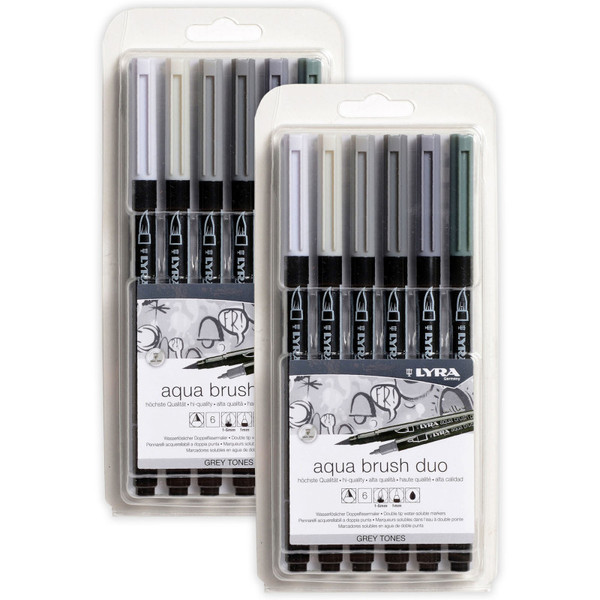 Lyra Aqua Brush Duo Dual Tip Marker Set, Gray Assorted Colors, 6 Per Set, 2 Sets LYXL6521063-2