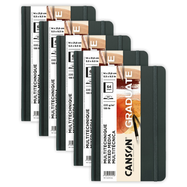 Canson Graduate Mixed Media Art Book, Toned Natural, Hard Cover Binding, 32 Sheet, 5.5X8.5 Inch, Pack Of 5 MCX31200L034-5