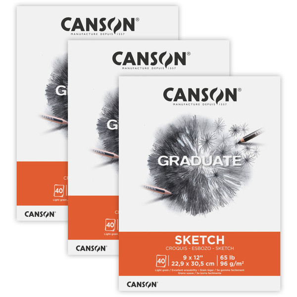 Canson Graduate Sketch Pad, Foldover Binding, 40 Sheet, 9X12 Inch, Pack Of 3 MCX525008002-3