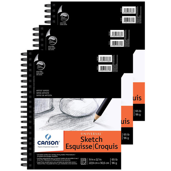 Canson Artist Series Universal Sketch Pad, Side Wire Binding, 100 Sheet, 9X12 Inch, Pack Of 3 MCXC10051085103-3