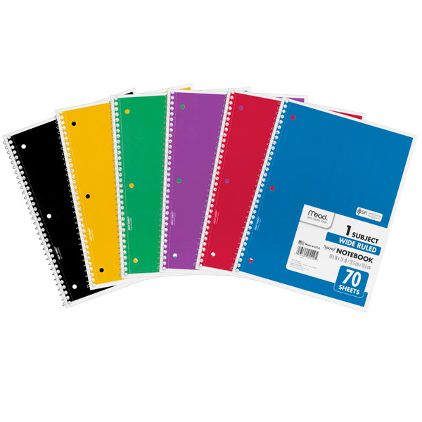 Mead Spiral Notebook, 1 Subject, Wide Ruled, 70 Sheets, 10 1/2" X 7 1/2" MEA05510