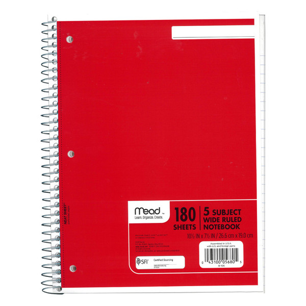 Mead Spiral Notebook, 5 Subject, Wide Ruled Paper, 180 Sheets, 10-1/2" X 8", Assorted Colors, 1 Count MEA05680