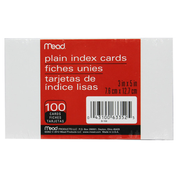 Mead Plain Index Cards, White, 3" X 5",, Pack Of 100 MEA63352