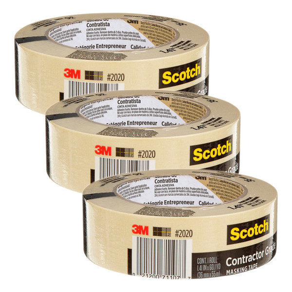 Scotch Contractor Grade Masking Tape, 1.41 In X 60.1 Yd (36Mm X 55M), Pack Of 3 MMM202036AP-3