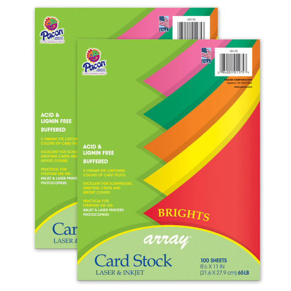 Pacon Bright Card Stock, 5 Assorted Colors, 8-1/2" X 11", 100 Sheets Per Pack, 2 Packs PAC101175-2