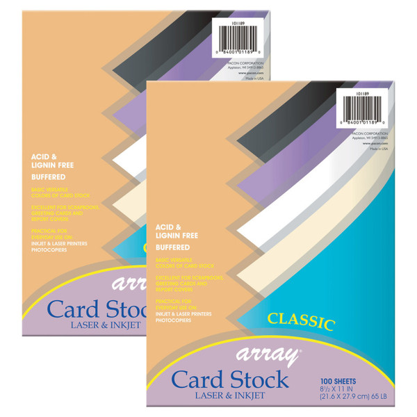 Pacon Classic Card Stock, 5 Assorted Colors, 8-1/2" X 11", 100 Sheets Per Pack, 2 Packs PAC101189-2