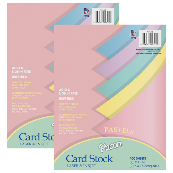 Pacon Pastel Card Stock, 5 Assorted Colors, 8-1/2" X 11", 100 Sheets Per Pack, 2 Packs PAC101315-2